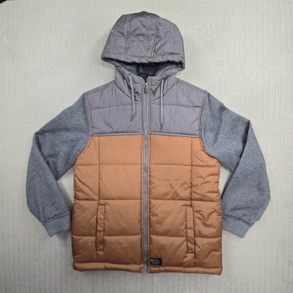 Matix Jacket Mens Medium Brown Gray Hooded Puffer Quilted Full Zip Knit Sleeves